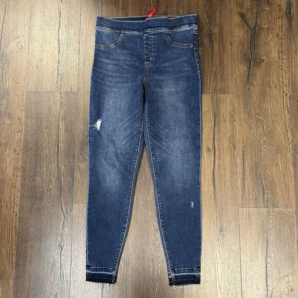 SPANX Distressed Denim High Rise Elastic Waist Jeggings SZ LG - Picture 3 of 6
